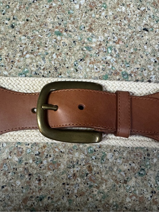 Lauren Ralph Lauren Accessories - Woven Cream and Brown Leather Belt with Brass Buckle